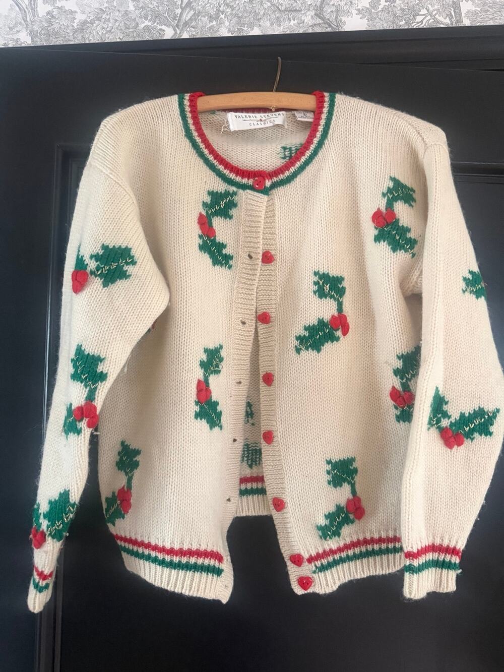 Vintage Valerie Stevens Wool Christmas Cardigan Small Holly Heart Buttons